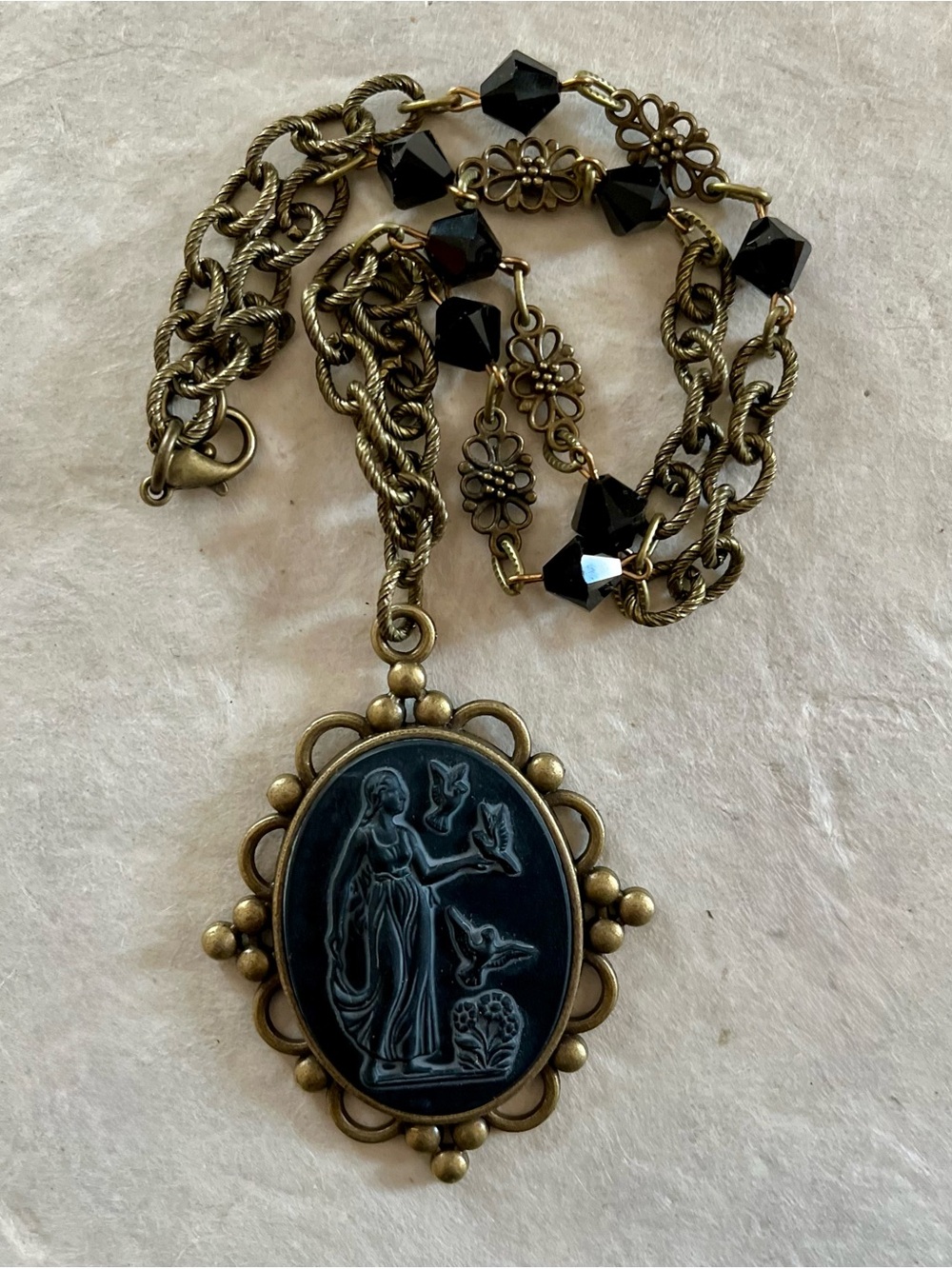 Vintage 1940s Black Glass Goddess Cameo Necklace with Brass Czech Chain - Picture 13 of 16